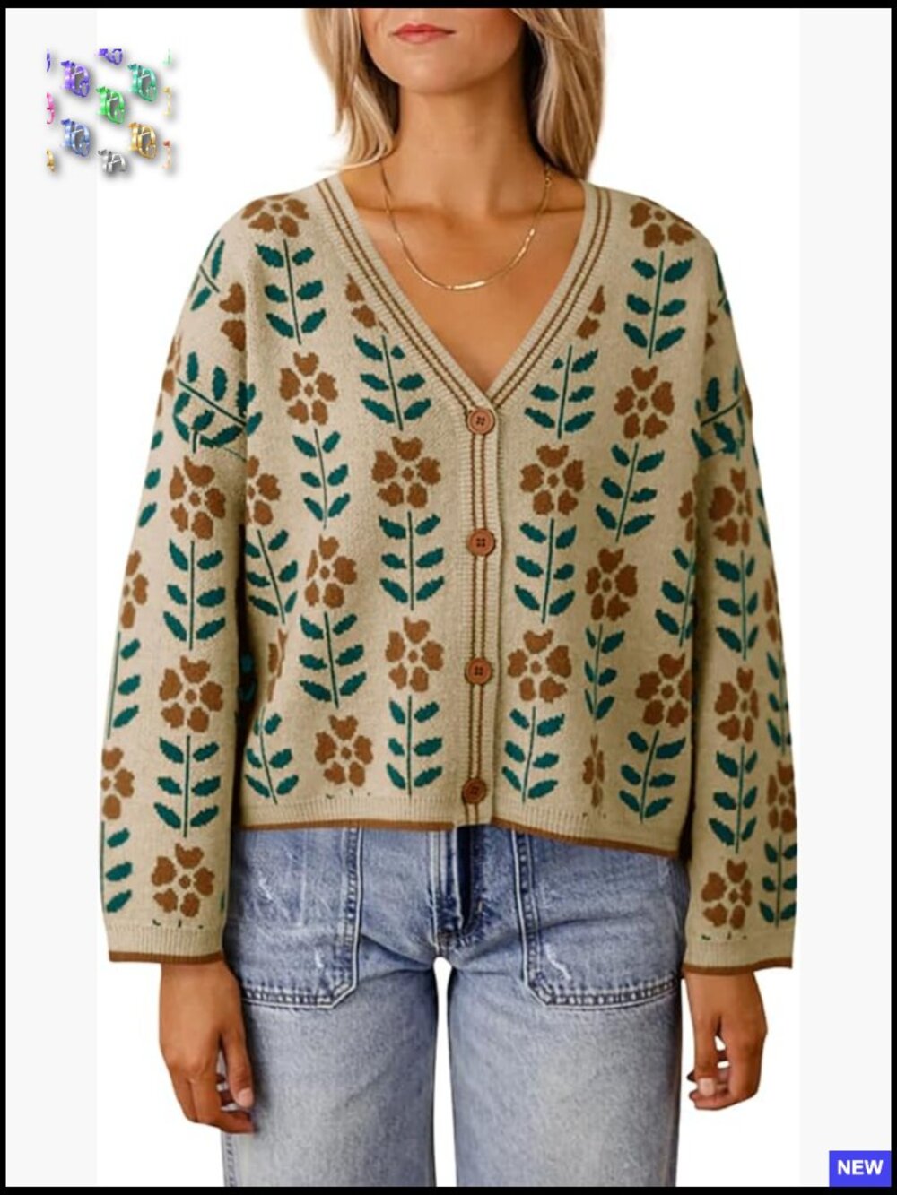 Floral Print V-Neck Cardigan Button Down Knit Sweater Loose Fit Long Sleeve - Picture 1 of 7